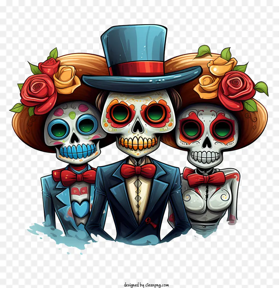 Dia De Los Muertos，Esqueletos Em Chapéus PNG