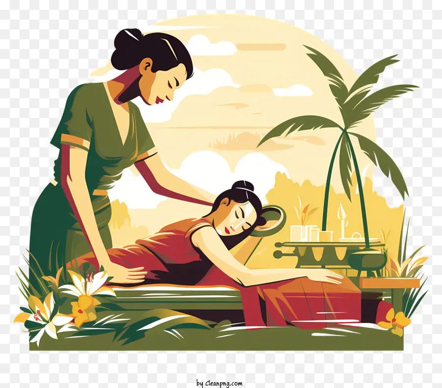 Mulher Recebendo Massagem，Configuração De Massagem Tropical PNG
