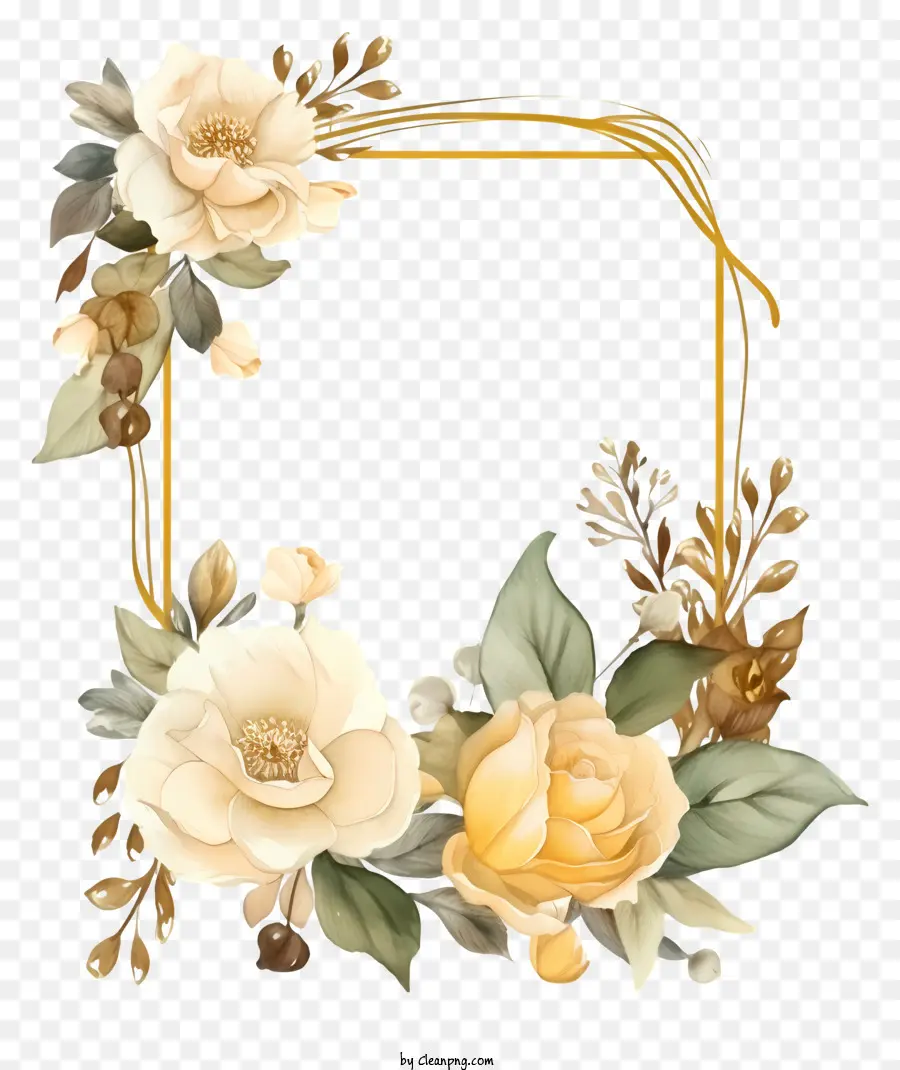 Golden Frame，Rosas Brancas PNG