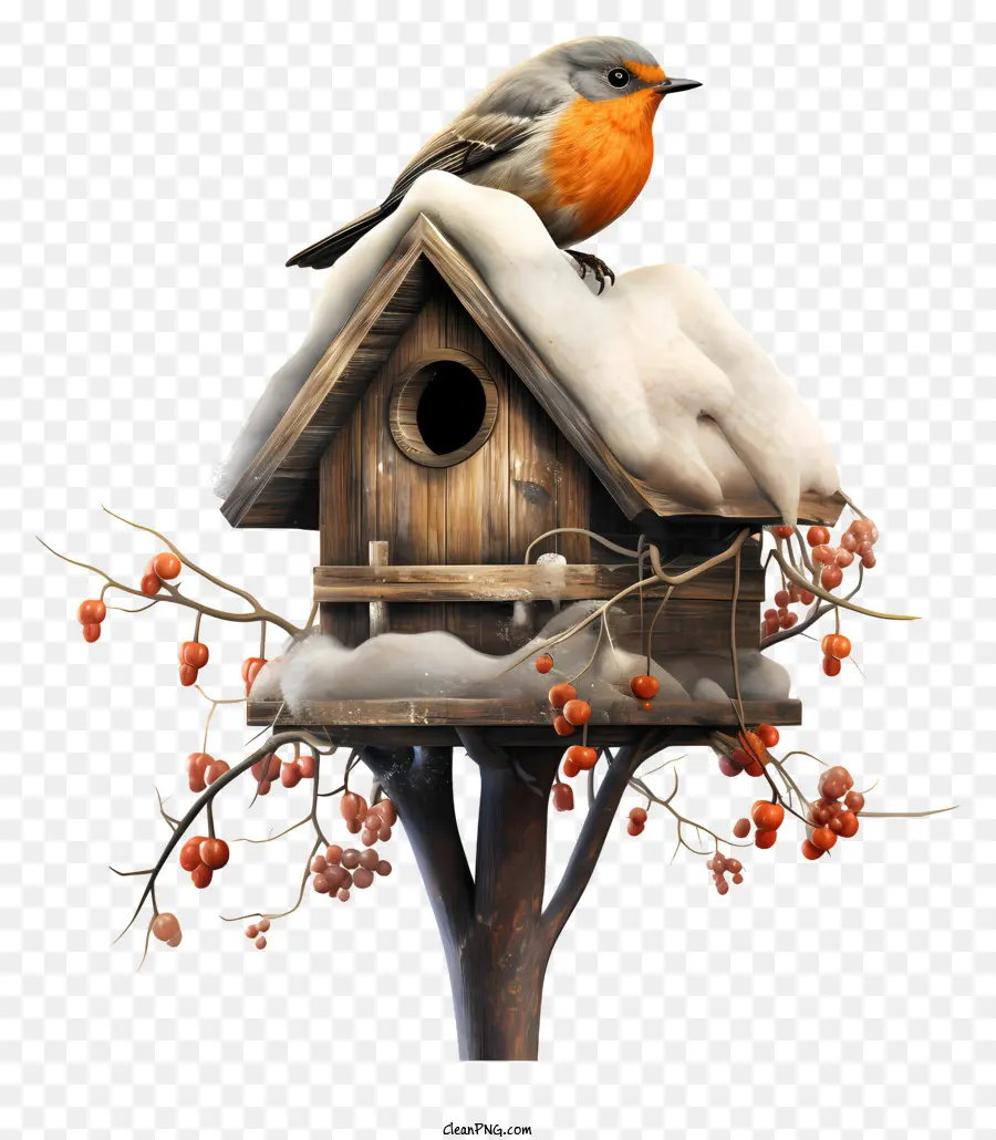 Pássaro Empoleirado Na Casa De Pássaros，Floresta De Neve PNG
