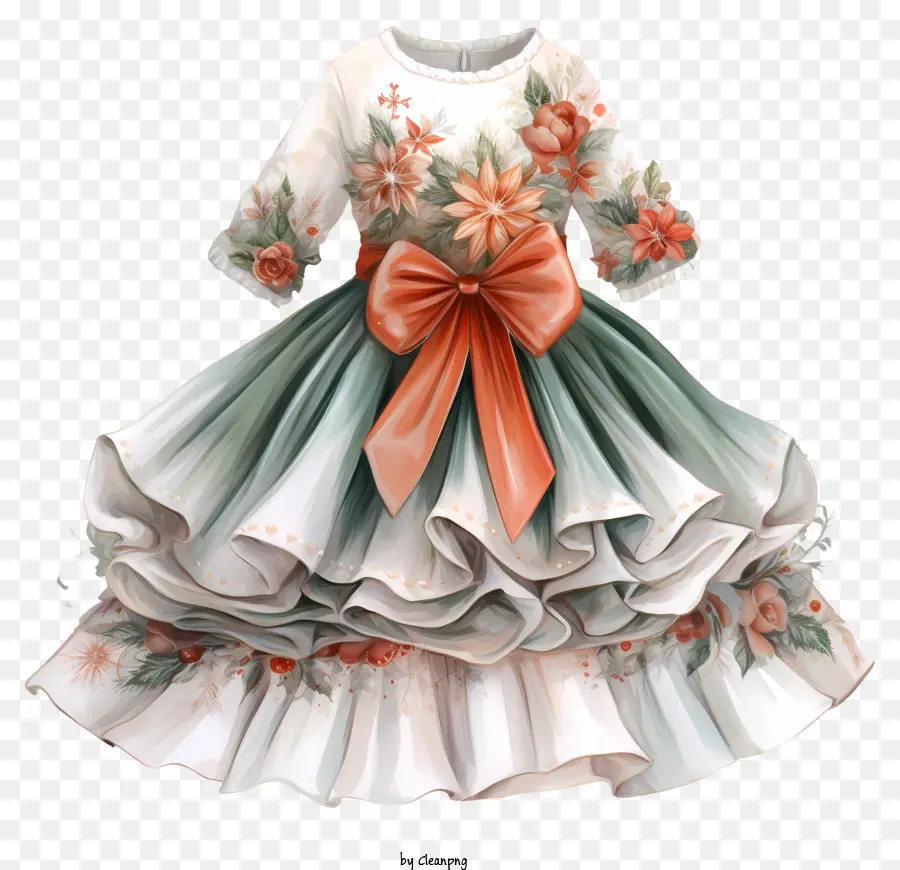 Vestido Branco，Flores Verdes E Laranja PNG