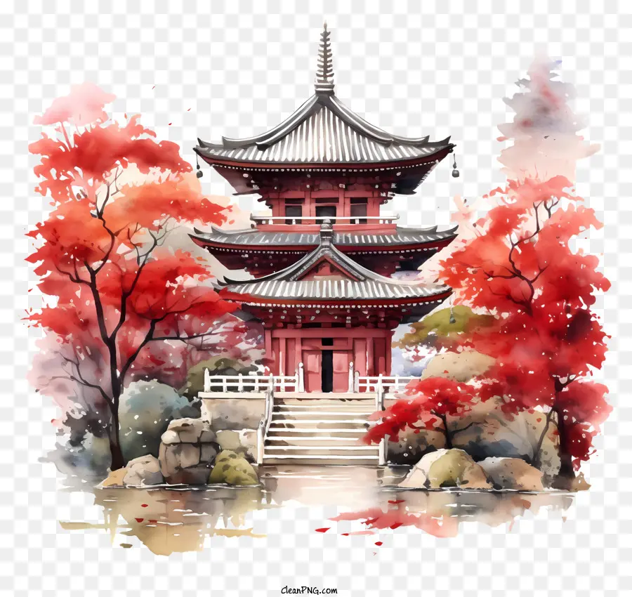 Pintura Em Aquarela，Templo Japonês PNG