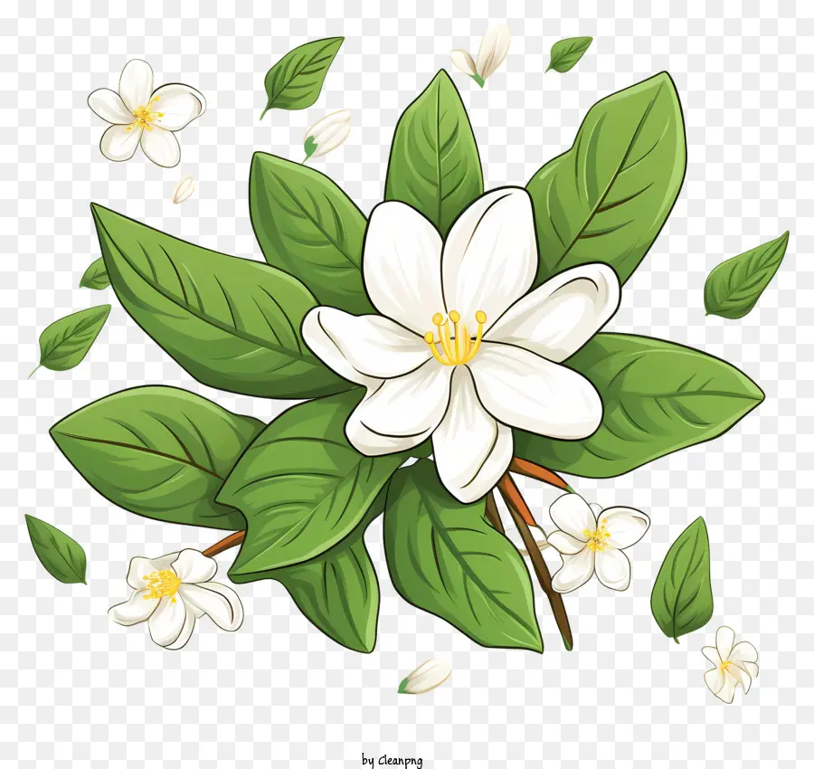 Flor De Jasmim Branco，Folhas Verdes PNG