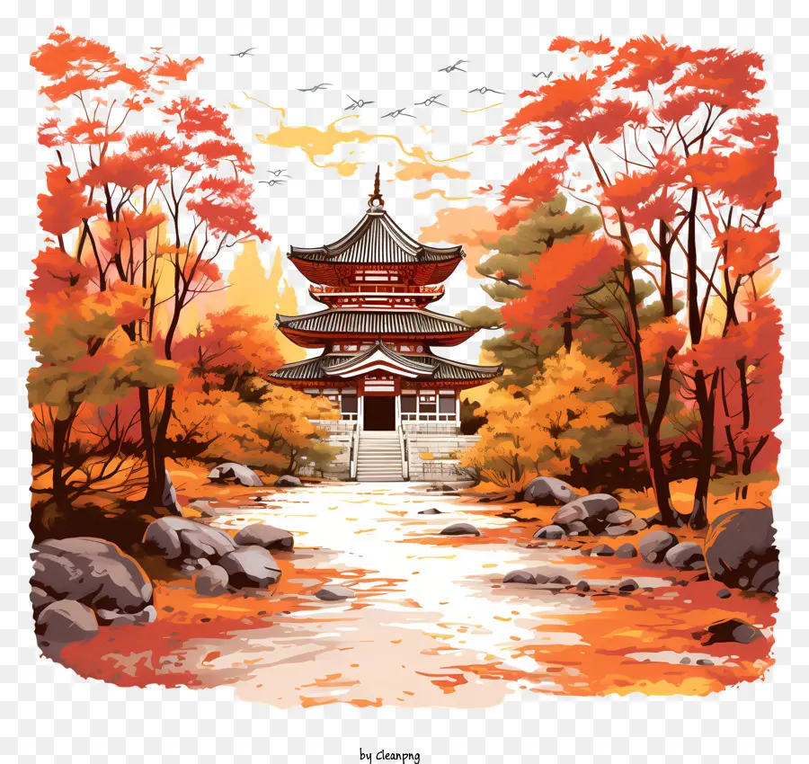 Templo Japonês，Outono Floresta PNG