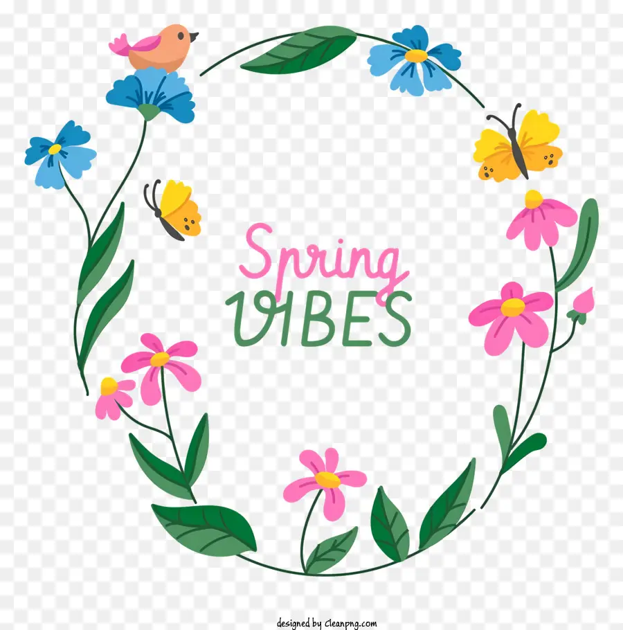 Coroa De Flores Da Primavera，Borboleta E Pássaro PNG