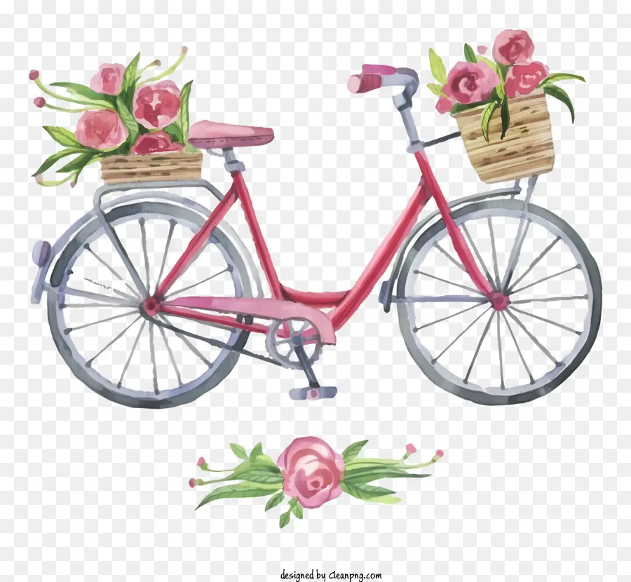 Bicicleta Vermelha，Flores Cor De Rosa PNG
