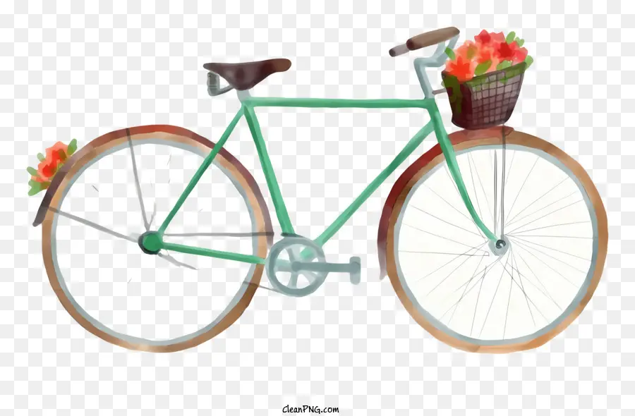 Bicicleta Verde，Cesta De Flores PNG