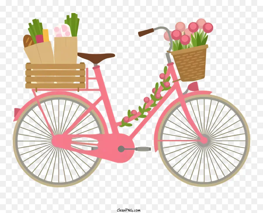 Bicicleta Cor De Rosa，Cesta De Flores PNG
