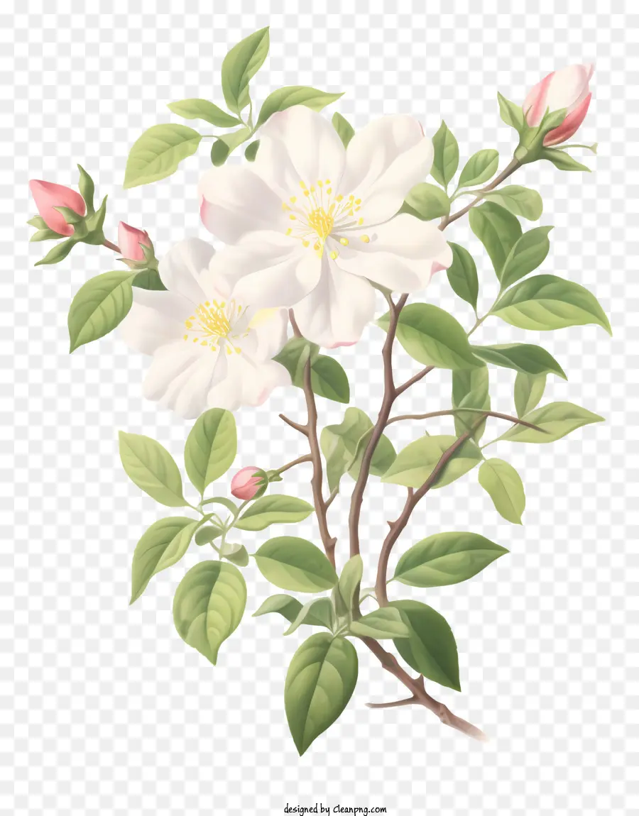 Flor Branca，Folhas Rosa E Verde PNG