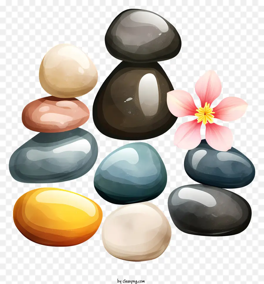 Pedras Coloridas，Pedras Sortidas Com Folhas E Flor PNG