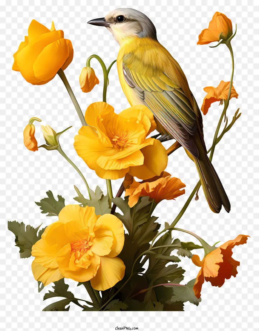 Pássaro Amarelo，Flores De Laranja PNG