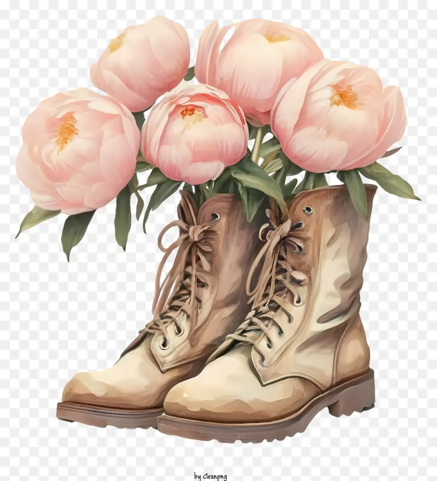 Botas De Couro Marrom，Peônias Rosa PNG