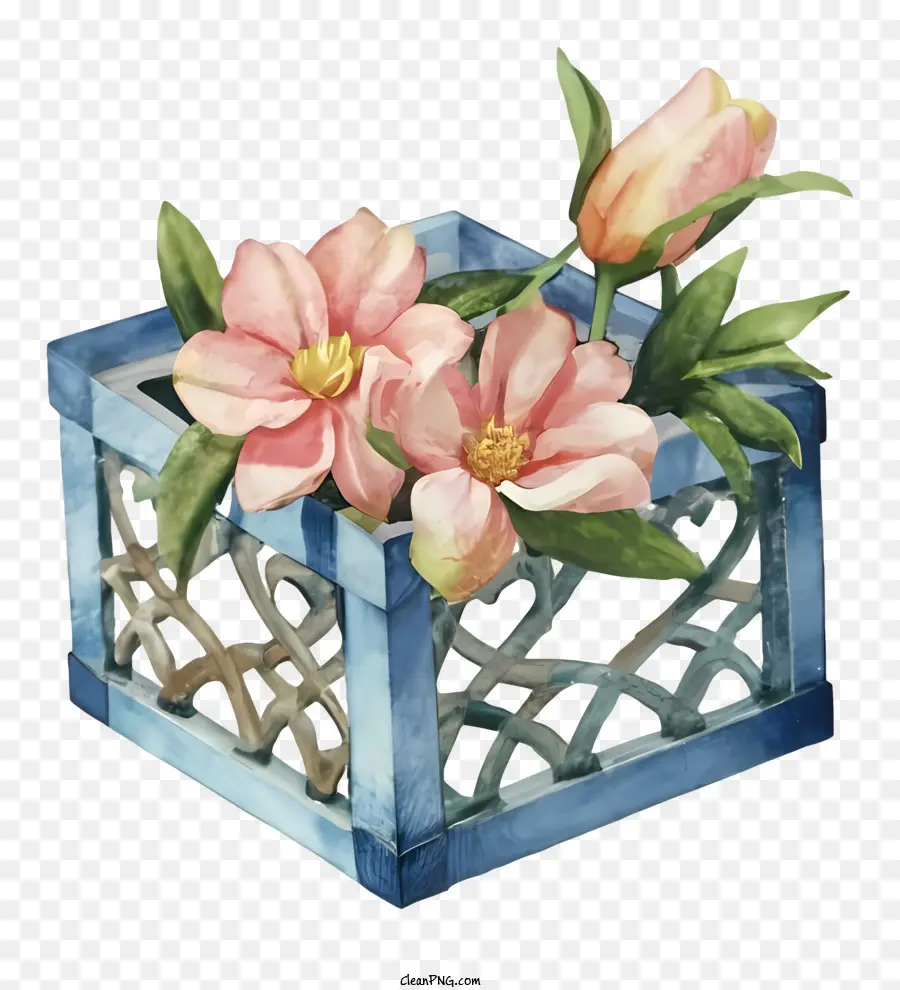 Caixa De Madeira Azul，Flores Cor De Rosa PNG