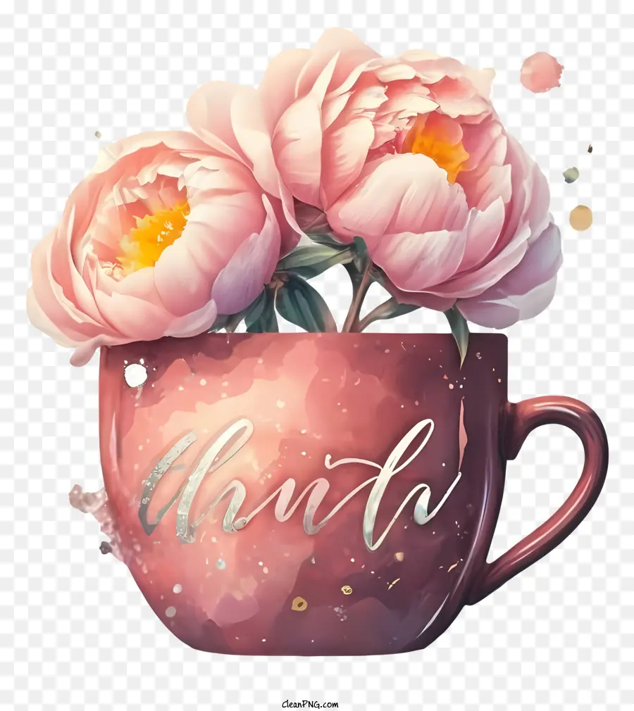 Peônia Rosa，Xícara Com Flores PNG