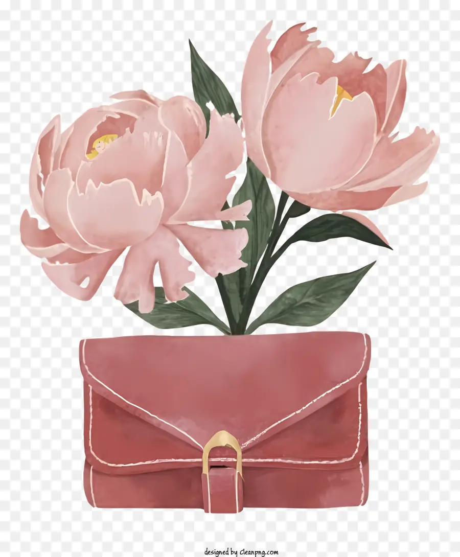 Peônias Rosa，Flores Rosa E Bolsa Marrom PNG