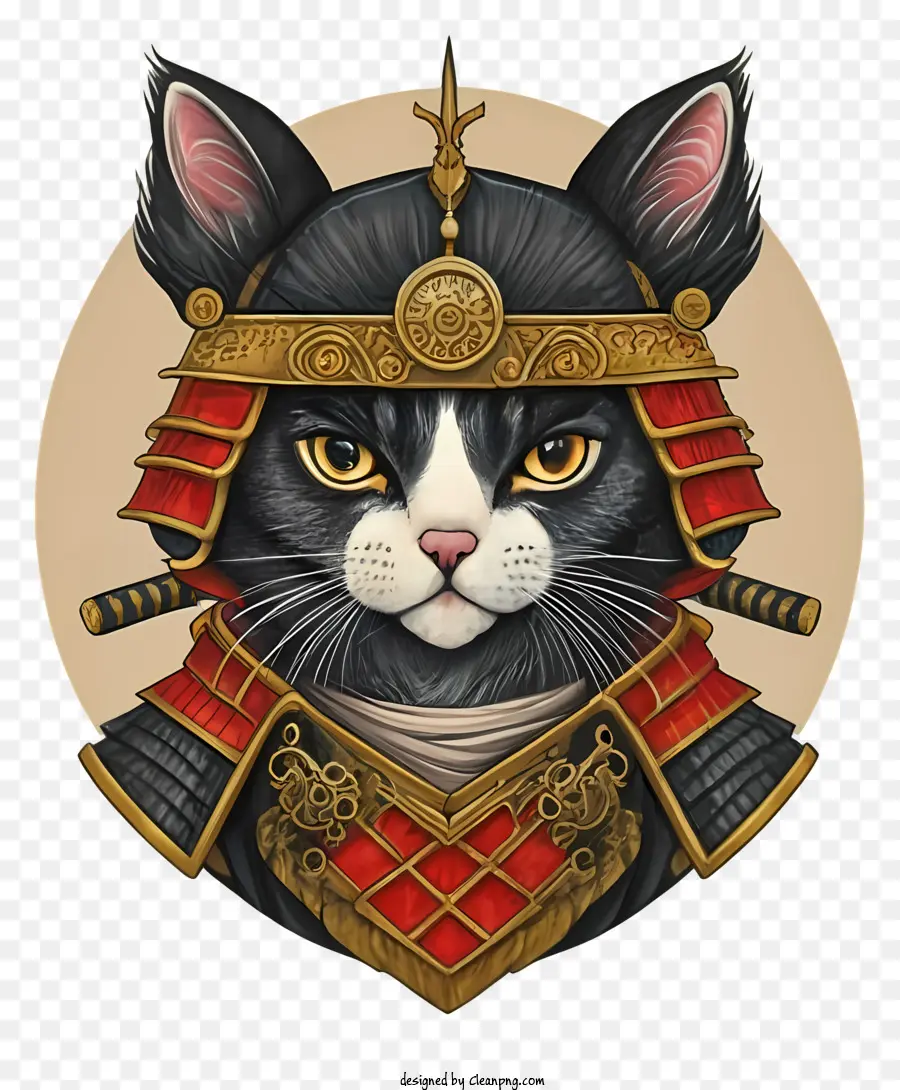 Samurai Gato，Gato Usando Capacete Samurai PNG