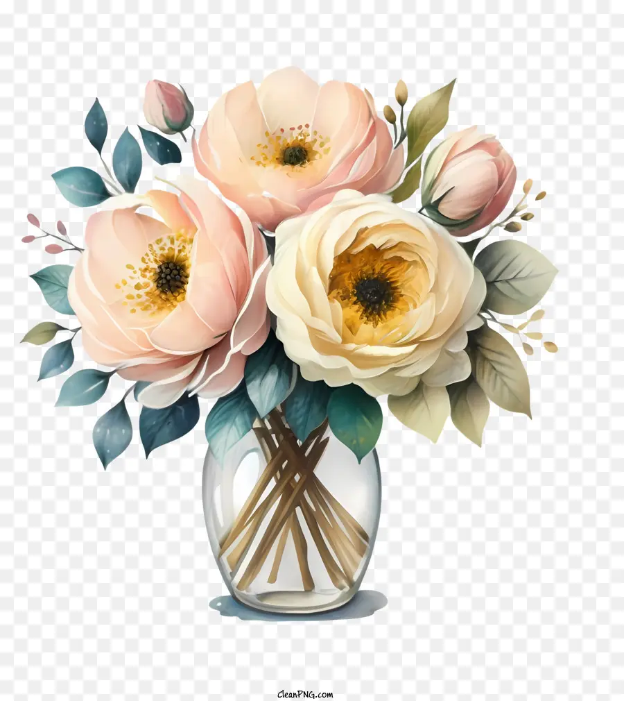 Arranjo Floral，Cor De Rosa E Flores Brancas PNG