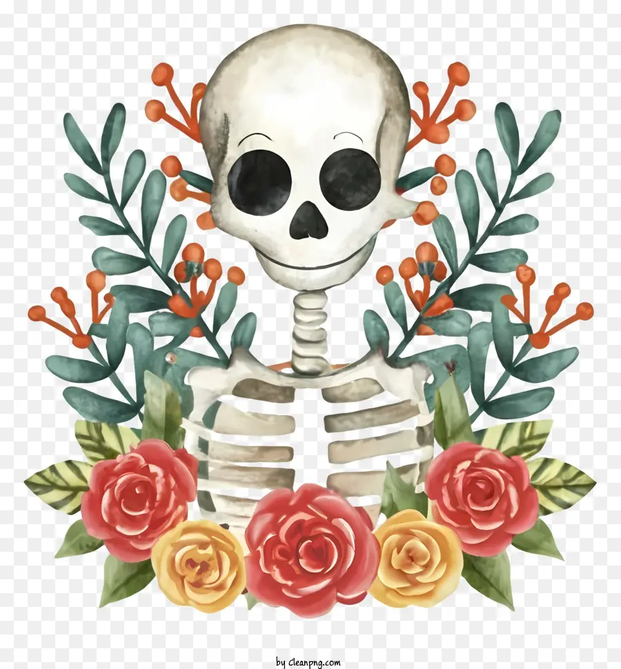 Ilustração Do Esqueleto，Arte Em Aquarela Floral PNG