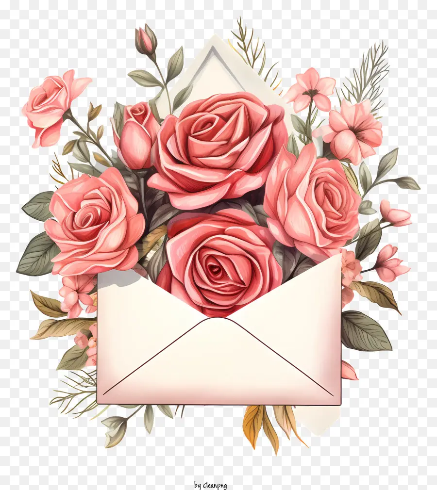 Envelope Aberto，Rosas Cor De Rosa PNG