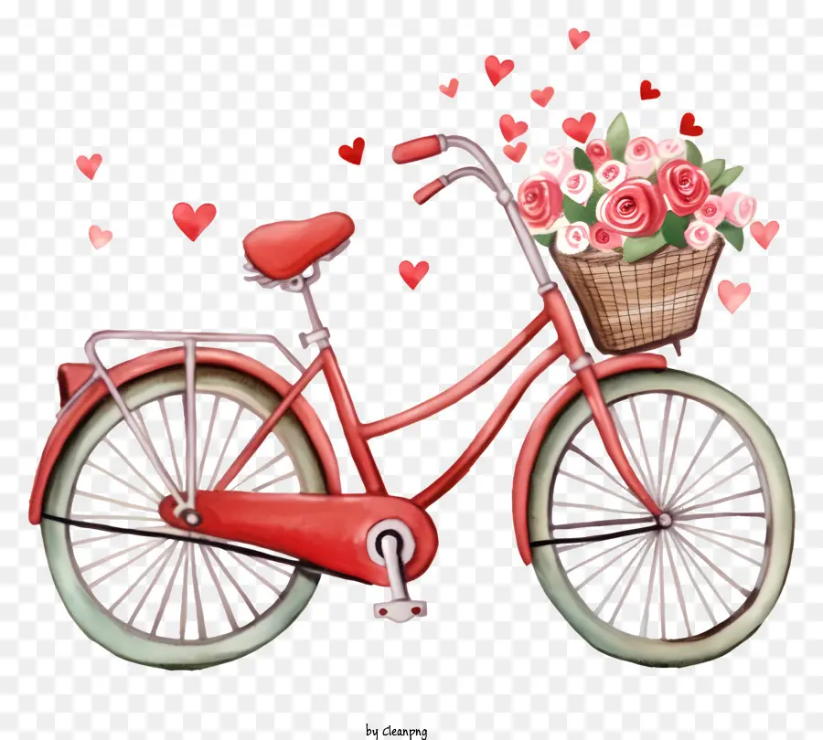 Bicicleta Vermelha，Cesta De Rosas PNG