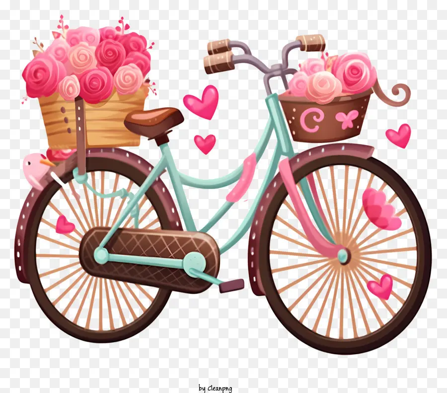 Bicicleta Com Flores，Rosas Rosa Em Cestas PNG