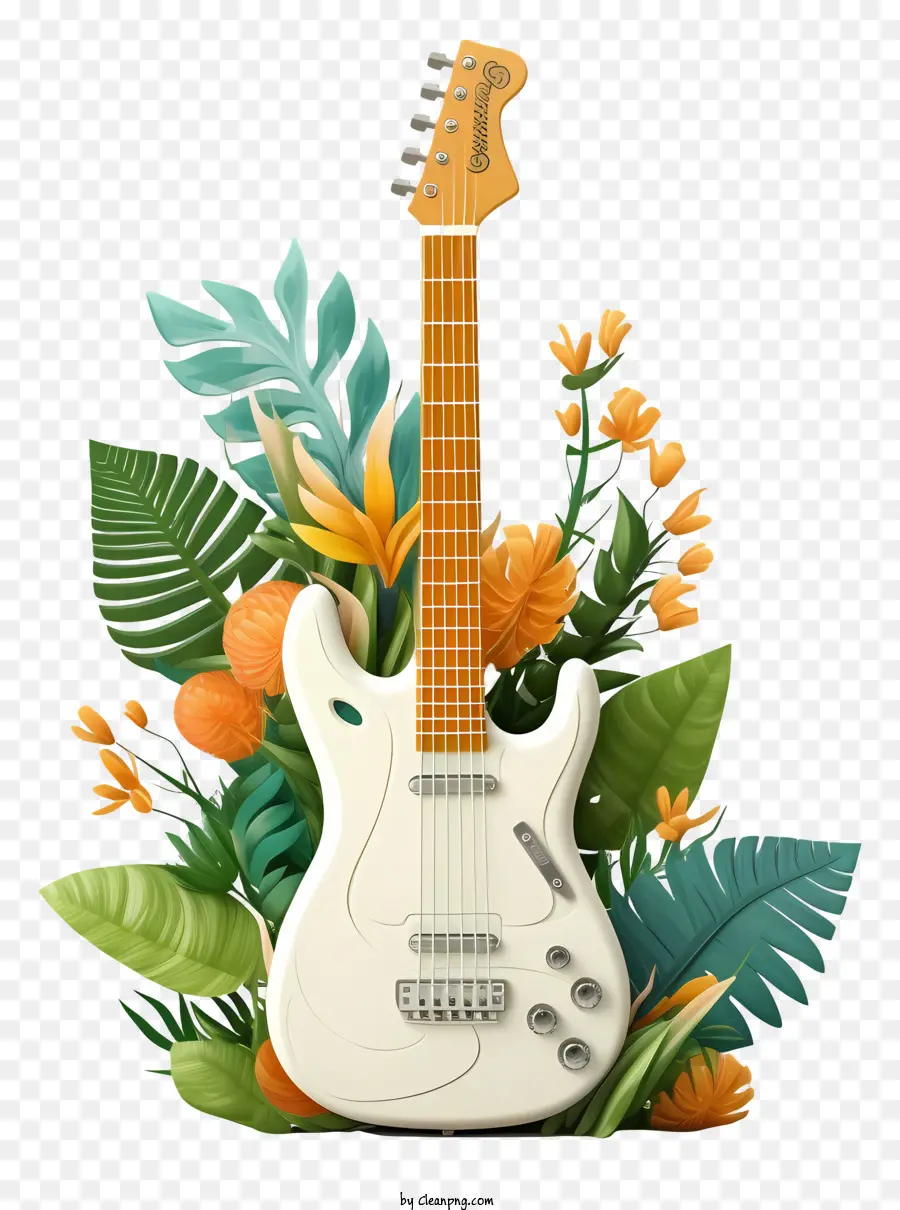 Branco Guitarra Elétrica，Plantas Tropicais PNG