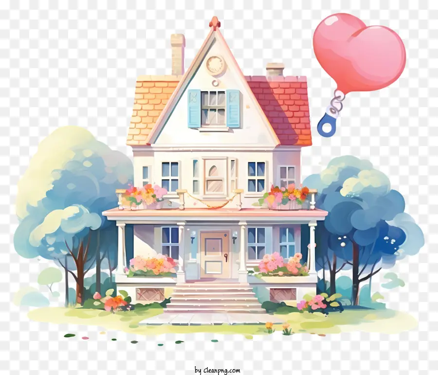 Casa Branca Pequena，Balão De Coração Rosa PNG