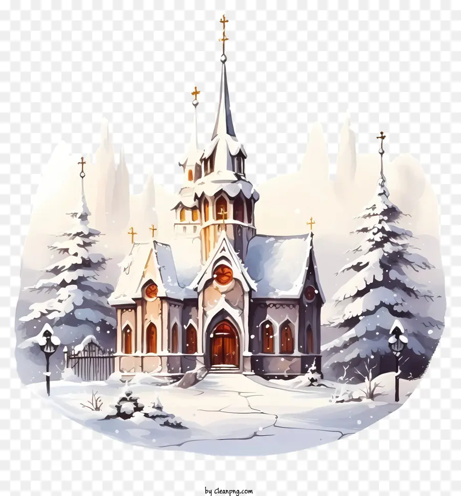 Ilustração A Preto E Branco，Igreja Na Neve PNG