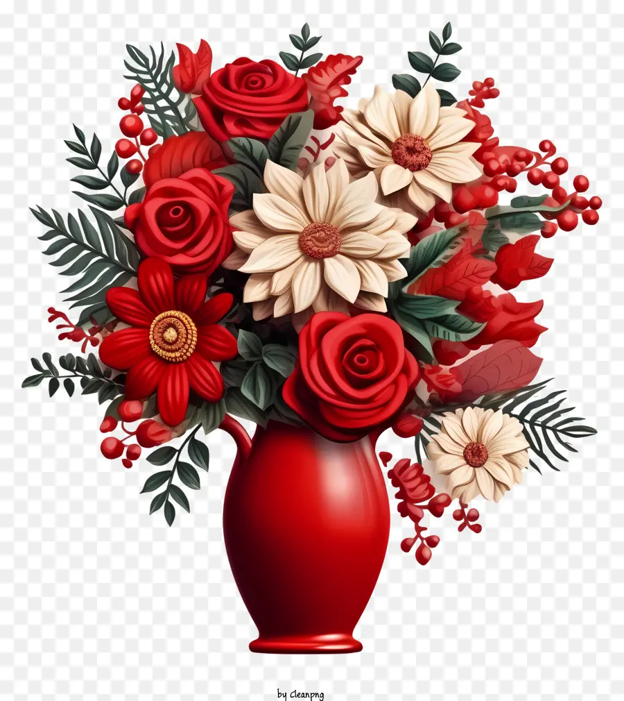 Vaso Vermelho，Rosas Brancas PNG