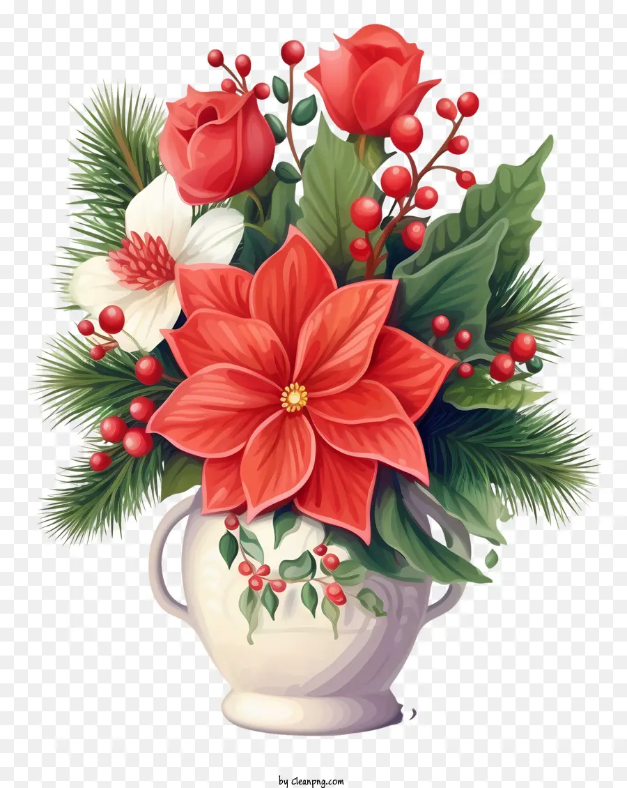 Flores Vermelhas E Brancas，Vaso De Flores PNG