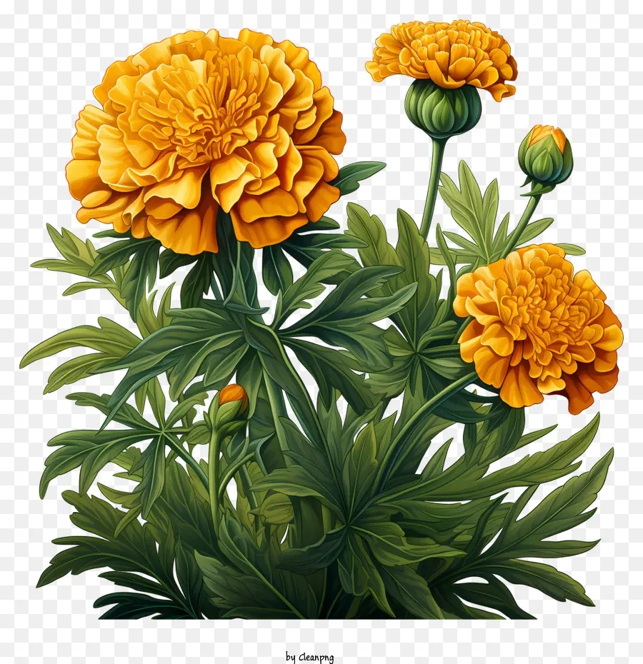 Flores De Calêndula Laranja，Folhas Verdes PNG