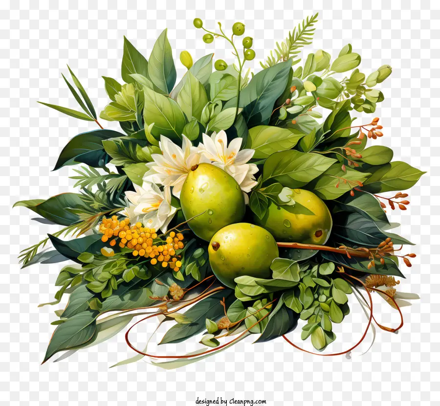 Pintura，Peras E Flores Verdes PNG