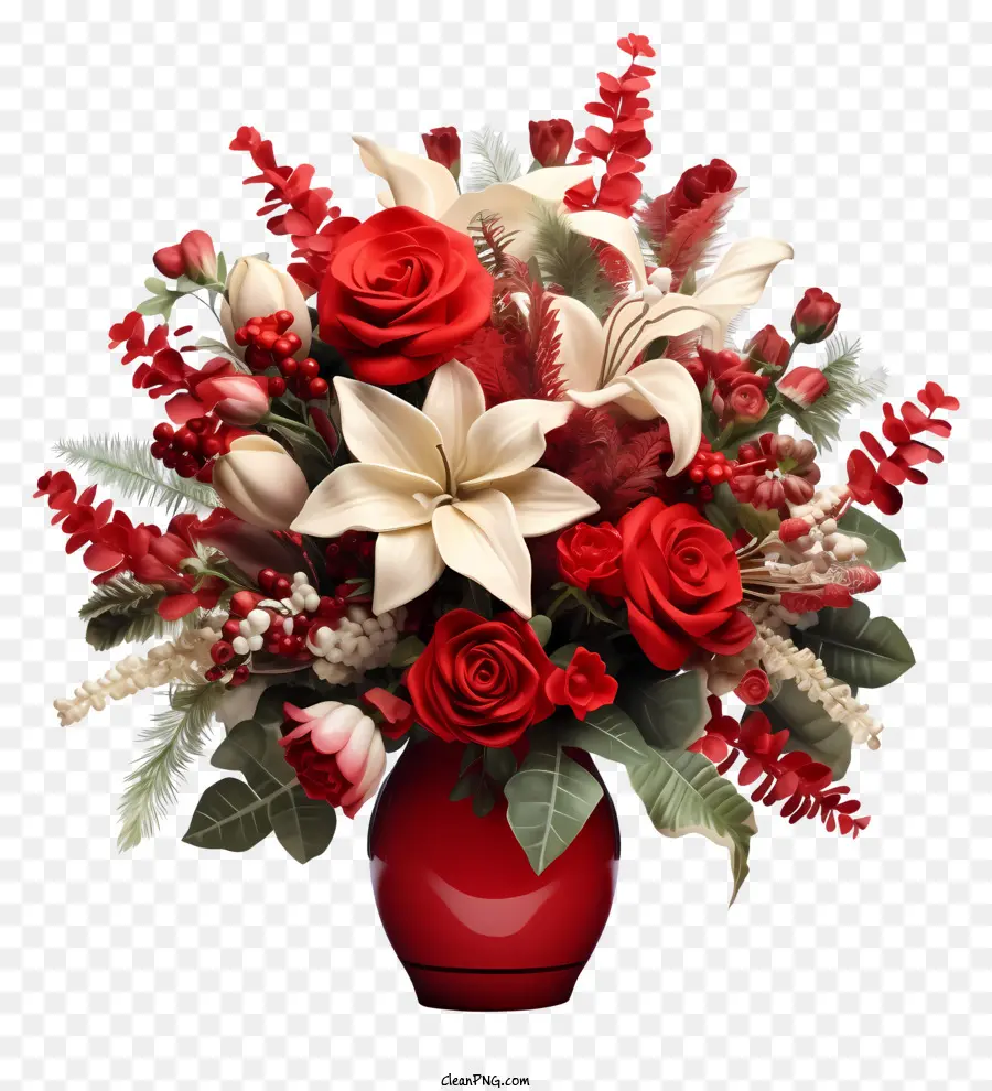 Vaso Vermelho，Flores Brancas E Rosa PNG