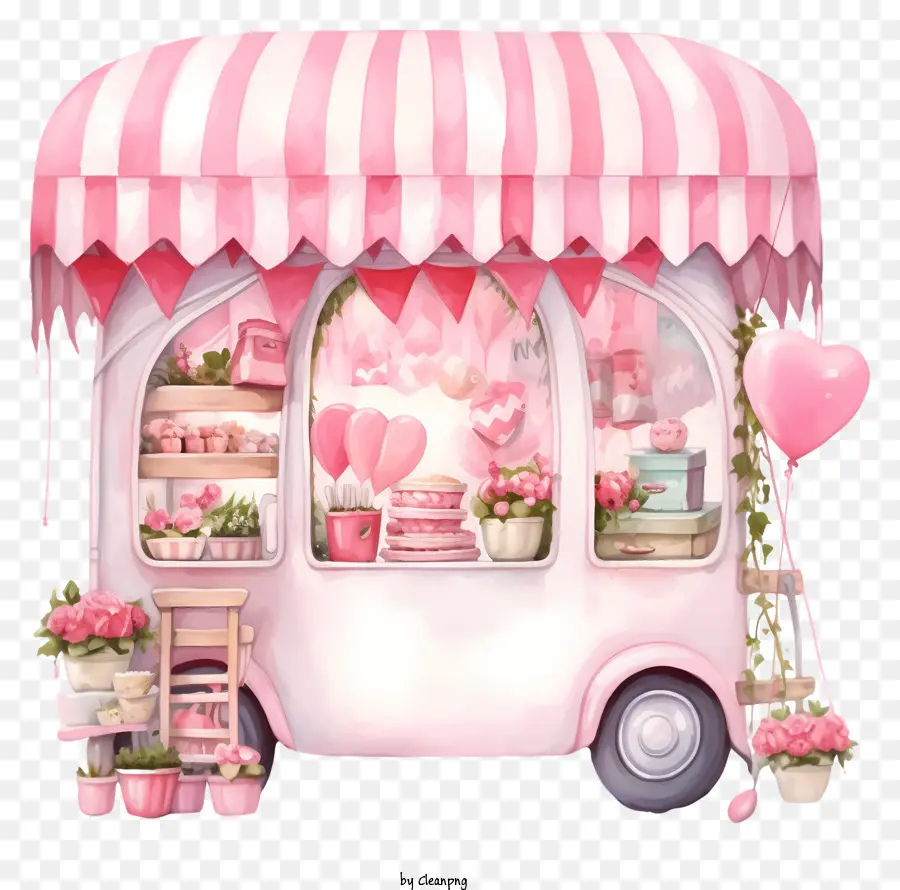 Pastel Day Day Romantic Stall，Caminhão Listrado Rosa E Branco PNG