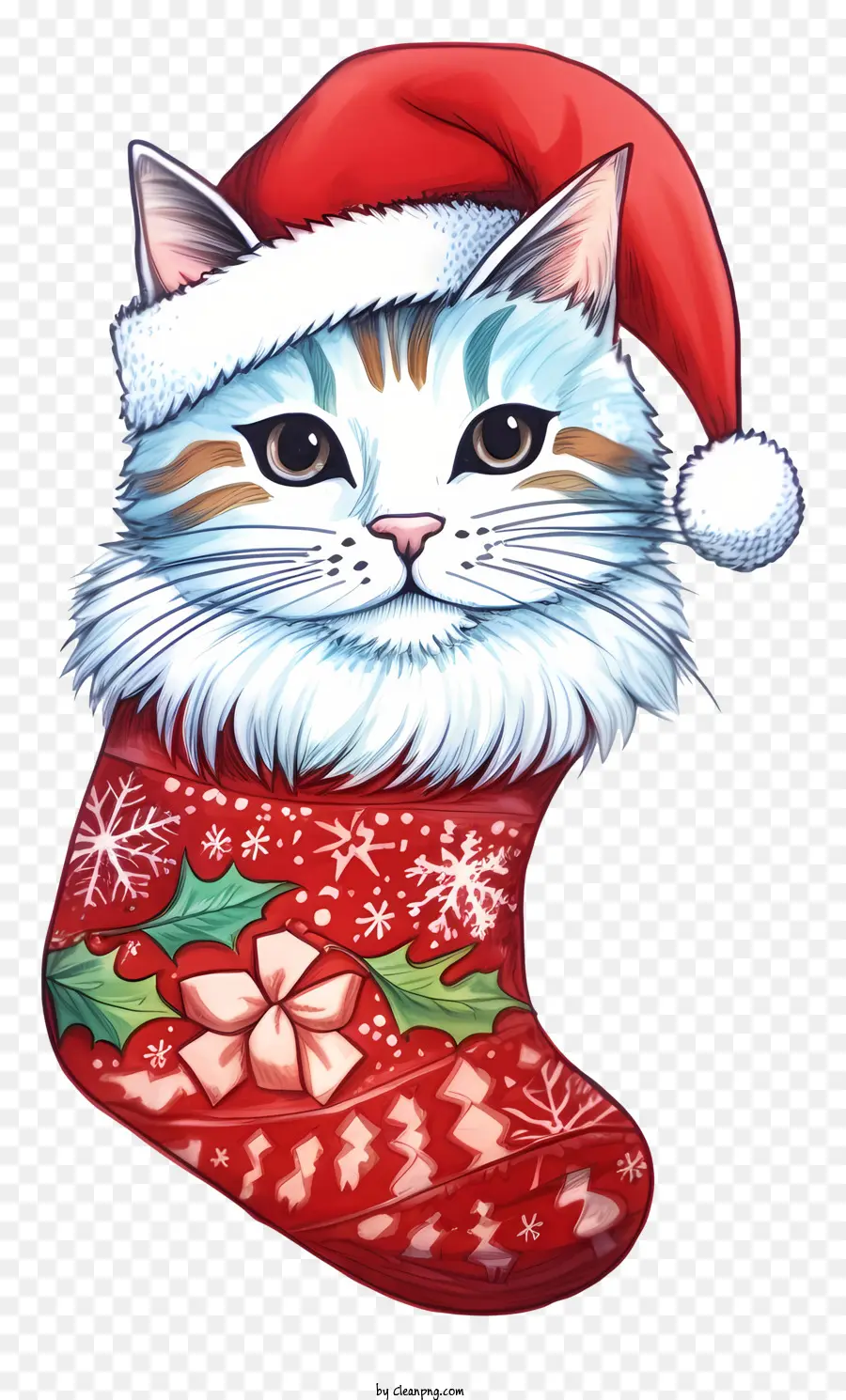 Doodle Cat In Christmas Sock，Gato Usando Chapéu De Papai Noel PNG