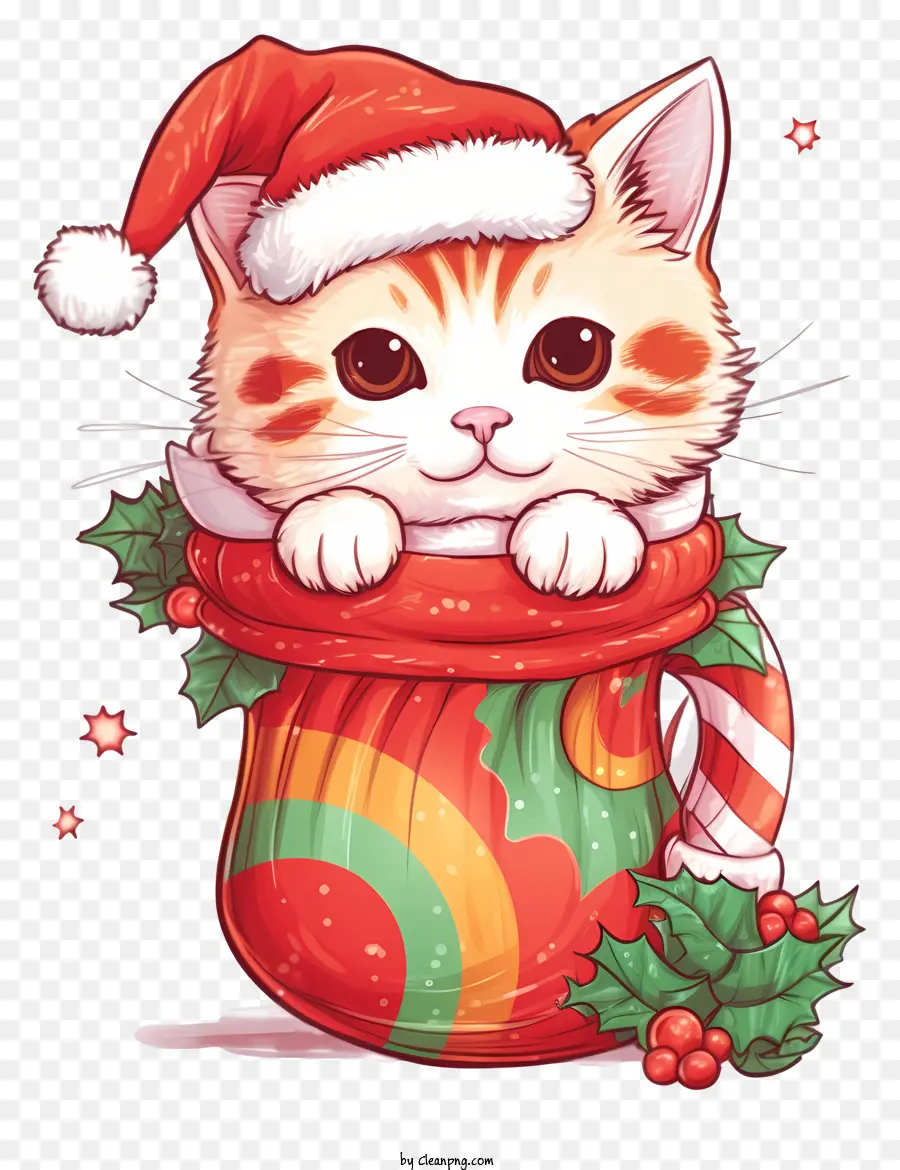 Gato Desenhado à Mão Na Meia De Natal，1 Gato Fofo PNG