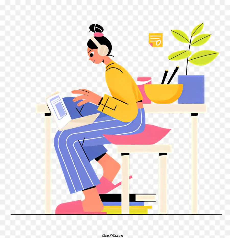 Mulher Trabalhando Em Casa，Laptop Sobre A Mesa PNG