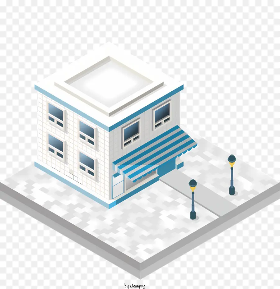 Pequeno Edifício Branco，Tolado Listrado Azul E Branco PNG