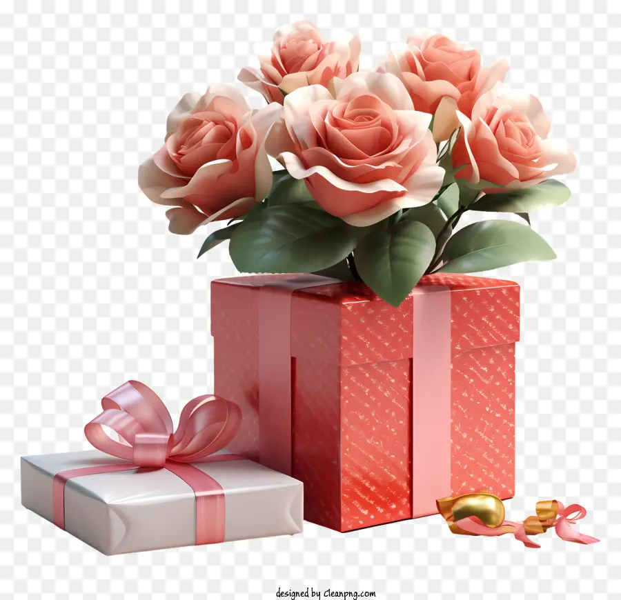 Caixa De Presente，Rosas Cor De Rosa PNG