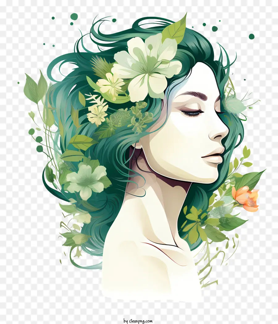 Alívio Da Pele No Inverno，Mulher Com Cabelo Verde E Flores PNG