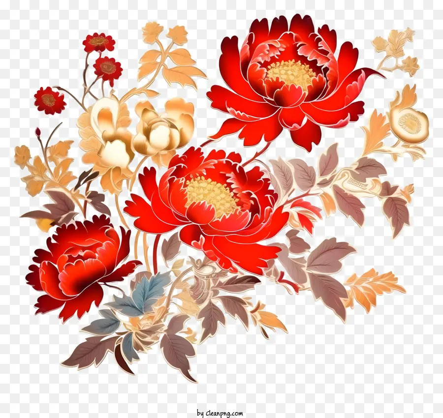 Arte De Flores Do Ano Novo Chinês，Rosas Vermelhas PNG