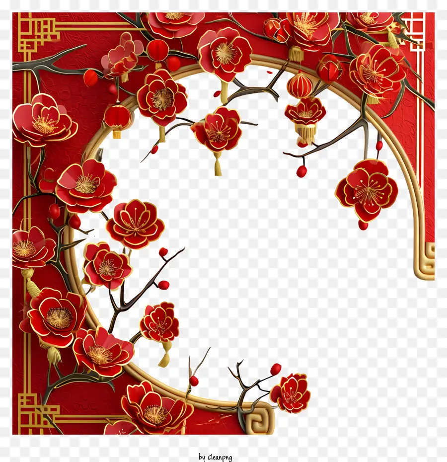 Fronteira Realista Do Ano Novo Chinês 3d，Arranjos De Flores PNG
