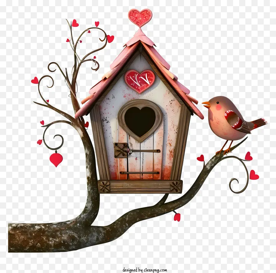 Casa De Pássaros Realista 3d Dos Namorados，Pássaro Empoleirado Em Um Galho De árvore PNG