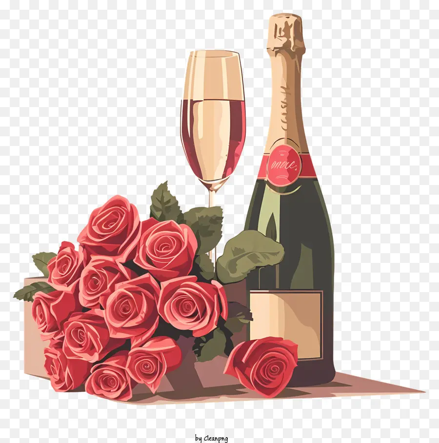 Valentine Champagne，Rosas Vermelhas PNG