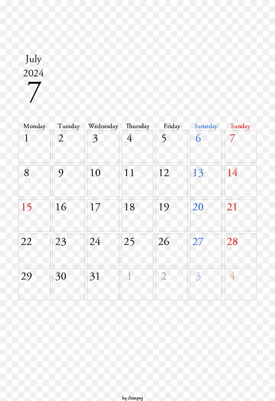 Julho De 2024 Calendário，De Julho De Calendário PNG