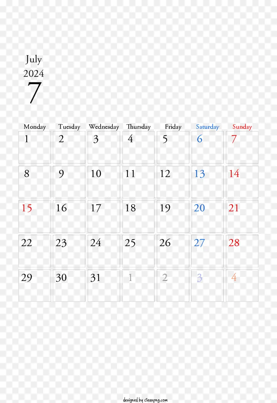 Julho De 2024 Calendário，De Julho De Calendário PNG