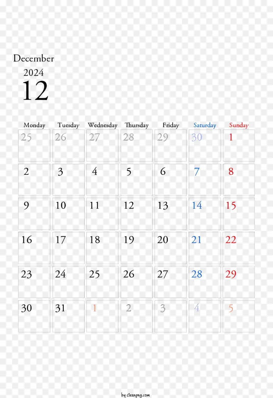 Dezembro De 2024 Calendário，Calendário Em Branco PNG