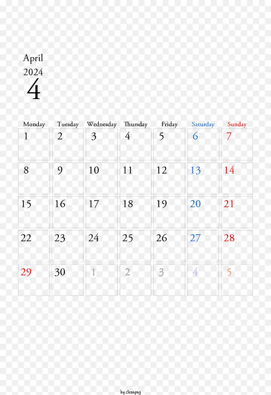 2024 Calendário De Abril，Calendário De Abril De 2024 PNG