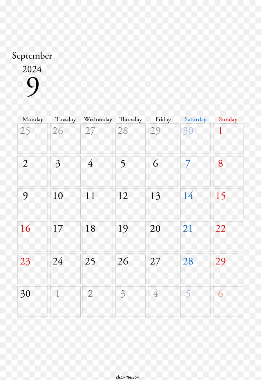 Setembro De 2024 Calendário，Calendário De Setembro De 2019 PNG