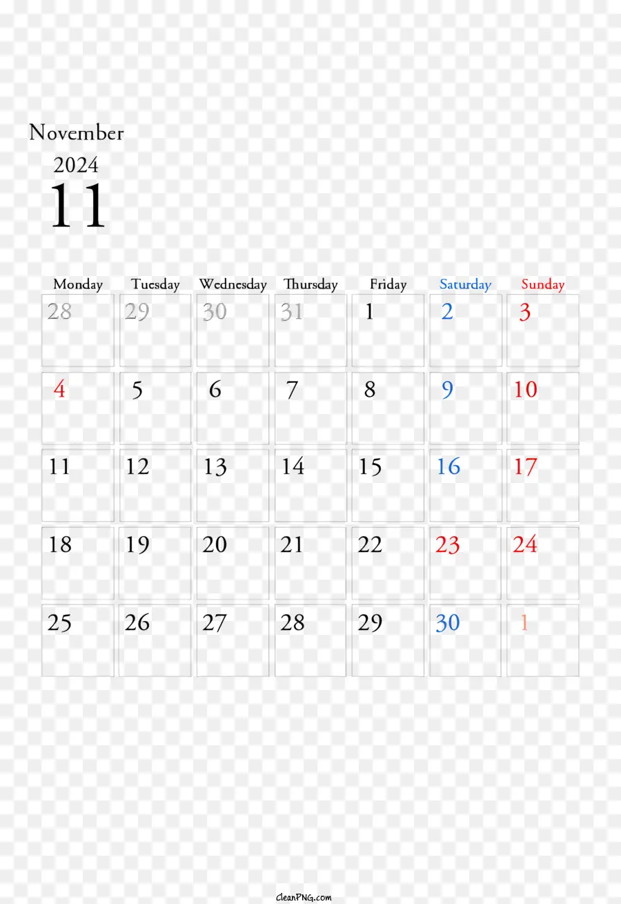 Novembro De 2024 Calendário，De Novembro De Calendário PNG